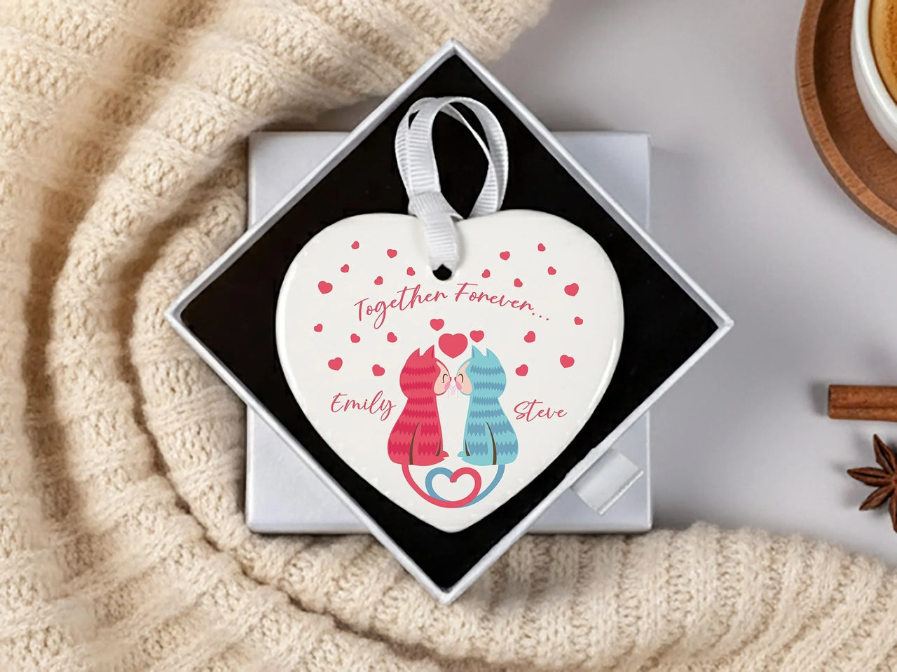 Cat Couple Heart Ornament - Together Forever Keepsake with Names for Lovers