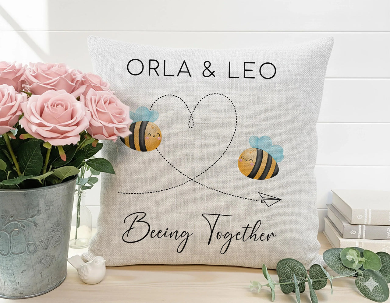 Personalised Bee Cushion – Romantic Keepsake With Heart Path Design & Custom Names DENMARY