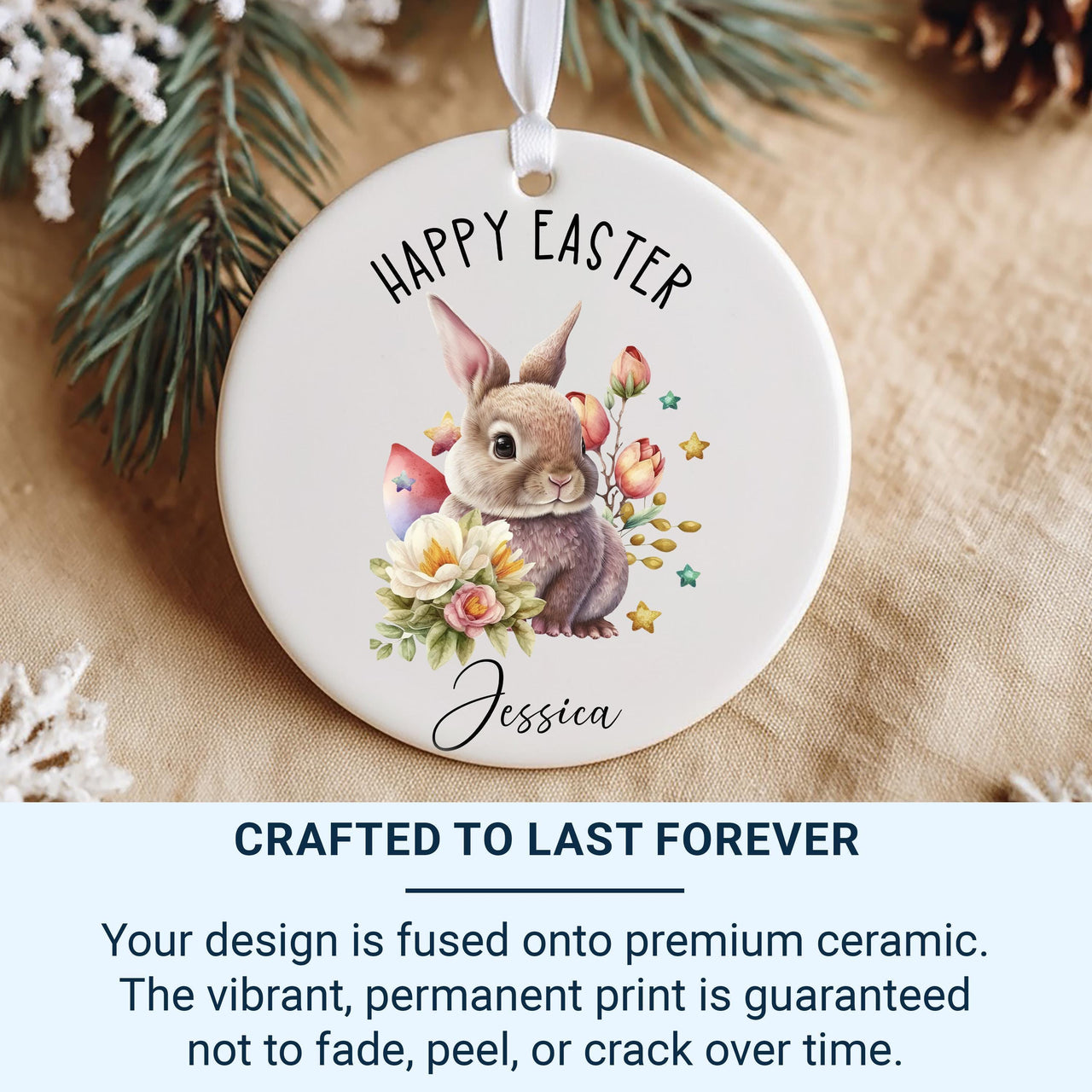 Bunny Easter Ornament - Watercolour Keepsake with Flowers & Name for Children