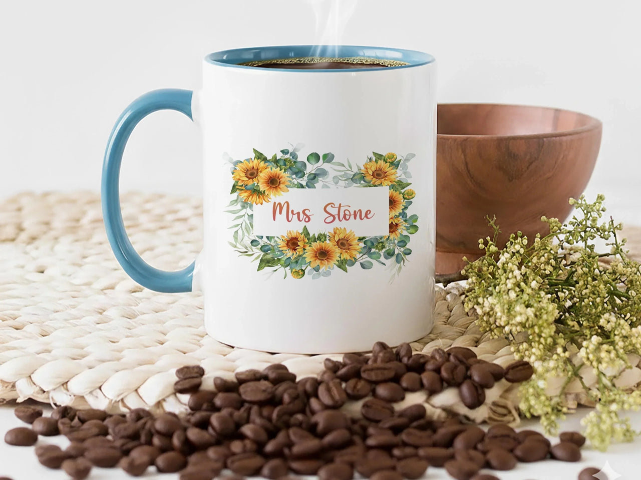 Personalised Mrs Mug – Sunflower Wreath Bride Wedding Gift Keepsake Cup