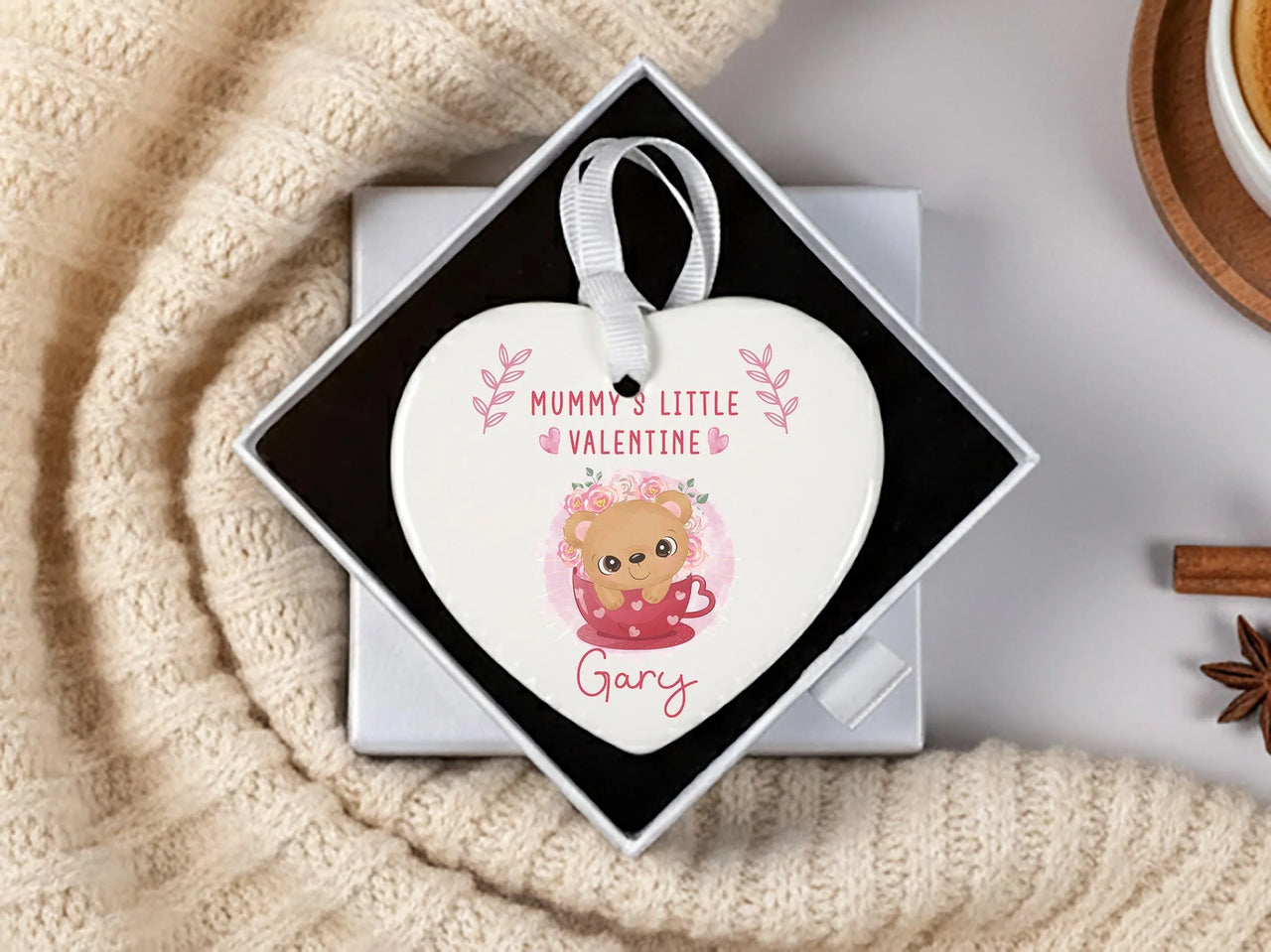 Mummy Little Valentine Ornament - Bear Heart Keepsake with Child Name