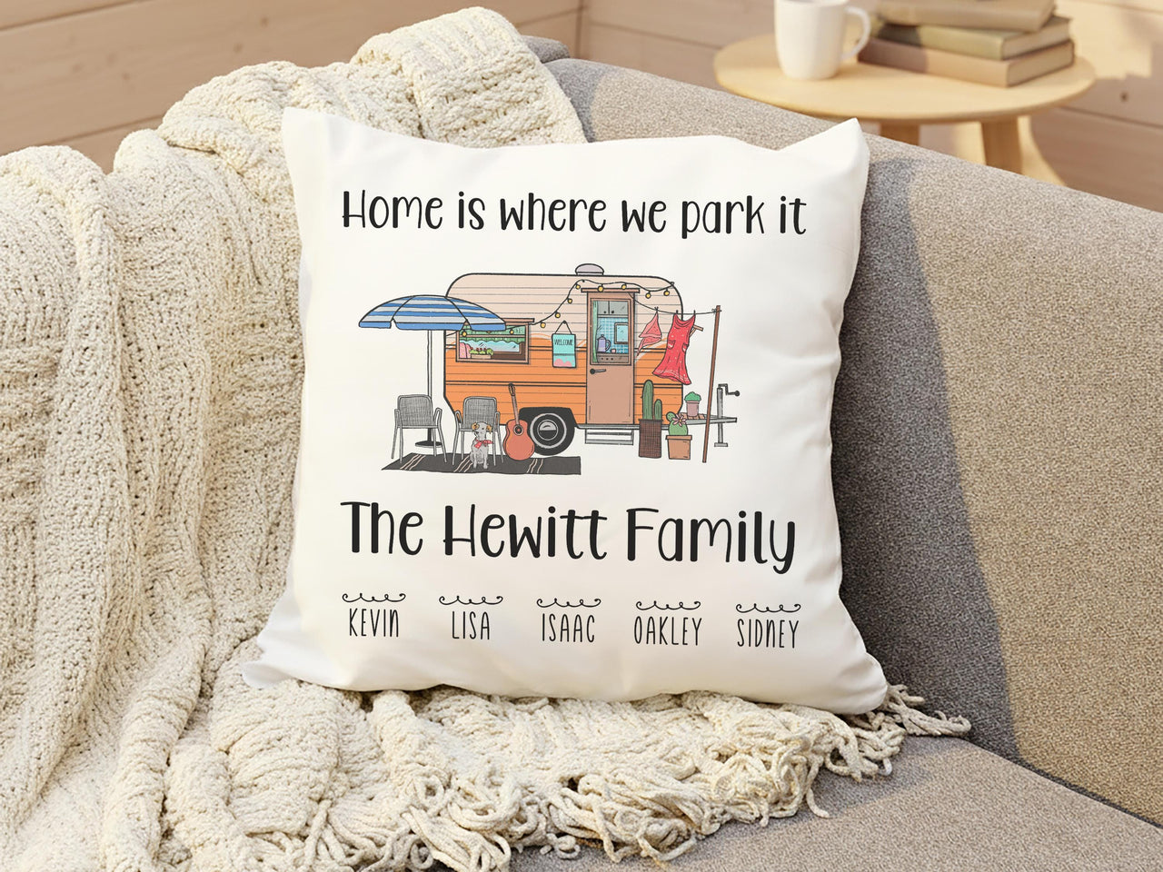 Personalised Campervan Cushion - Fun Family Adventure Keepsake with Names for Van Life Lovers