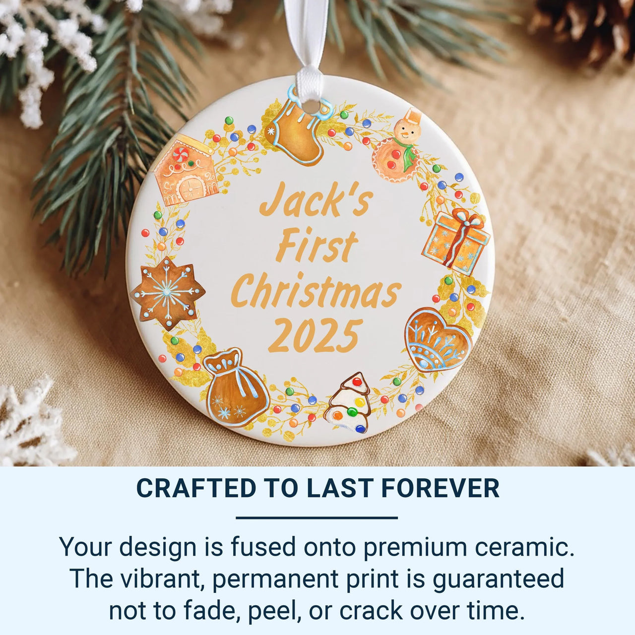 Baby First Christmas Ornament - Festive Icons Keepsake with Name & Year for Newborns