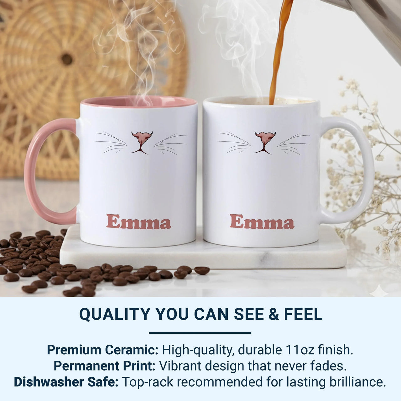 Personalised Cat Mug – Cute Pink Cat Nose Cup with Whiskers Design & Bold Name