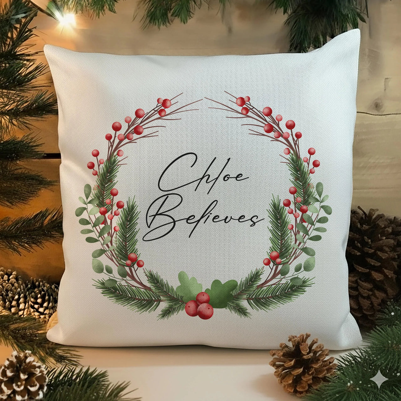 Personalised Christmas Cushion – Festive Seasonal Pillow with Pine Berry Decoration