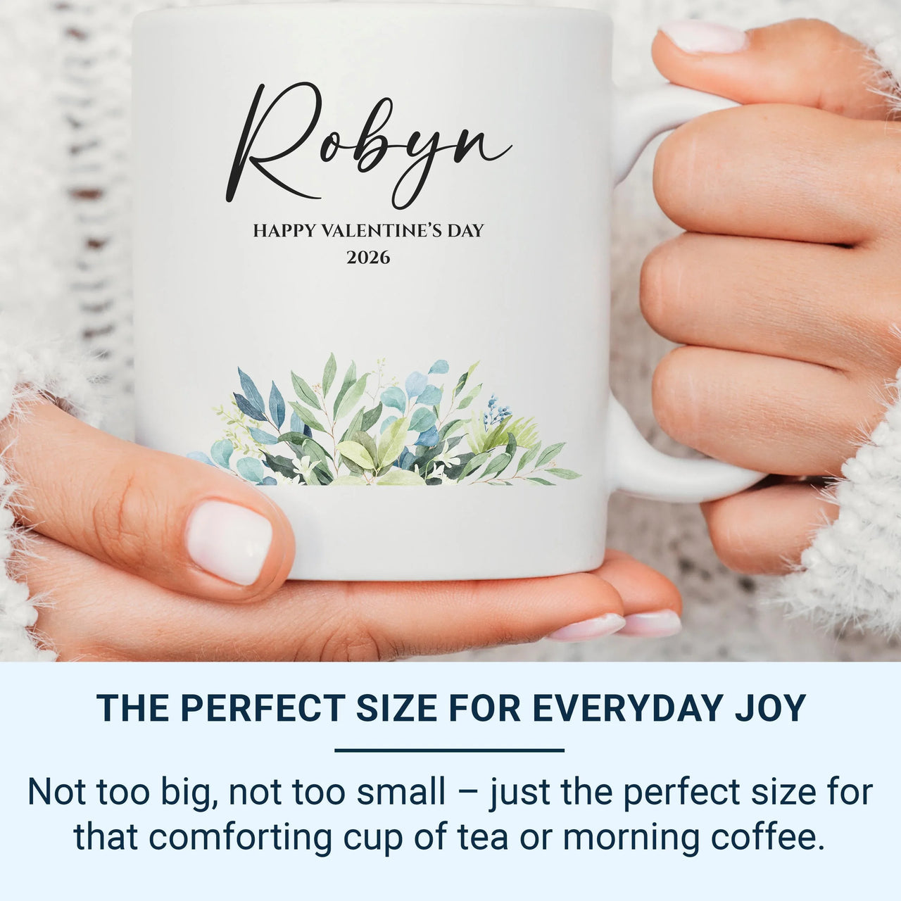 Happy Valentine’s Day 2026 Mug – Personalised Name and Watercolour Leaves – Romantic Couples Gift for Morning Coffee Rituals