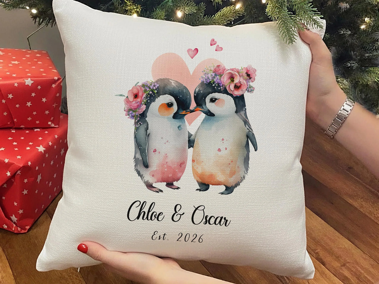 Personalised Penguin Cushion – Romantic Keepsake With Floral Crown Design & Custom Name Pillow