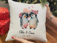 Personalised Penguin Cushion – Romantic Keepsake With Floral Crown Design & Custom Name Pillow