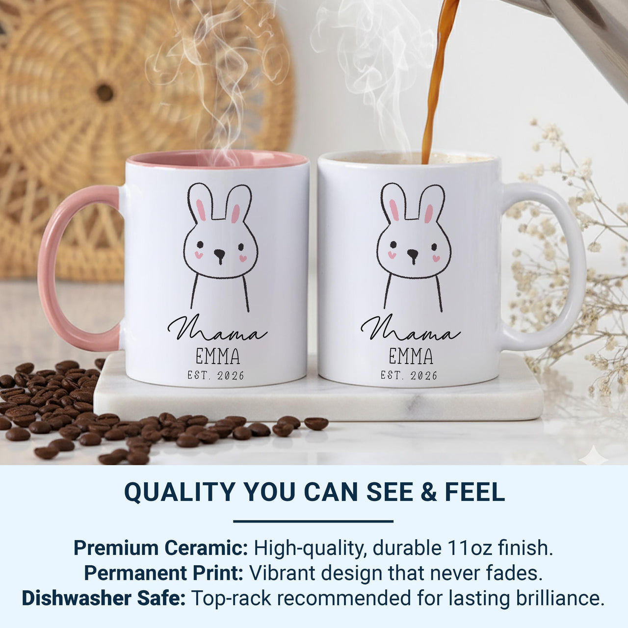 New Mama Mug – Personalised Name and EST. 2026 with Cute Bunny – First Mother’s Day, Baby Shower and Hospital Bag Gift