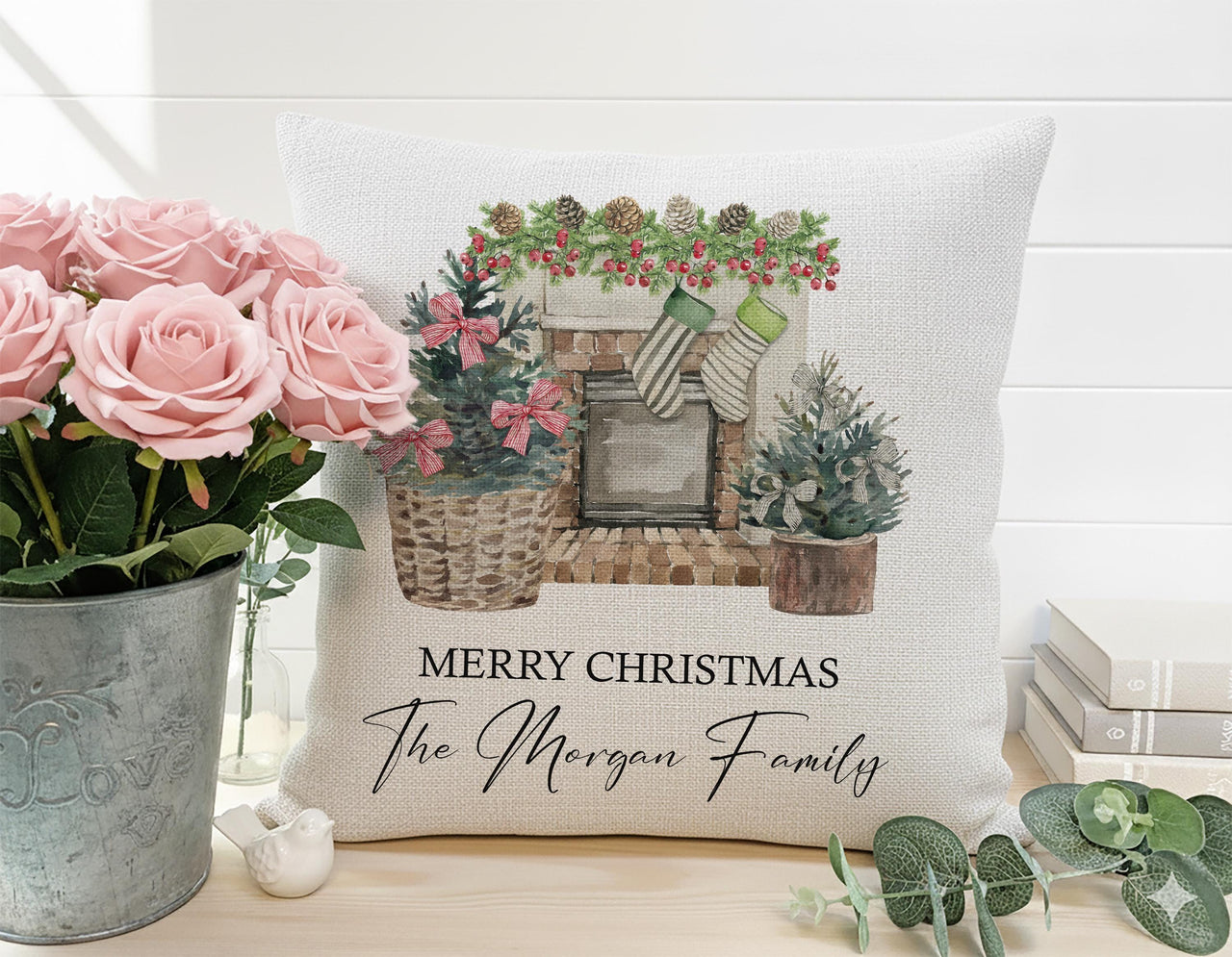 Personalised Fireplace Christmas Cushion - Cosy Festive Keepsake with Family Name & Stockings