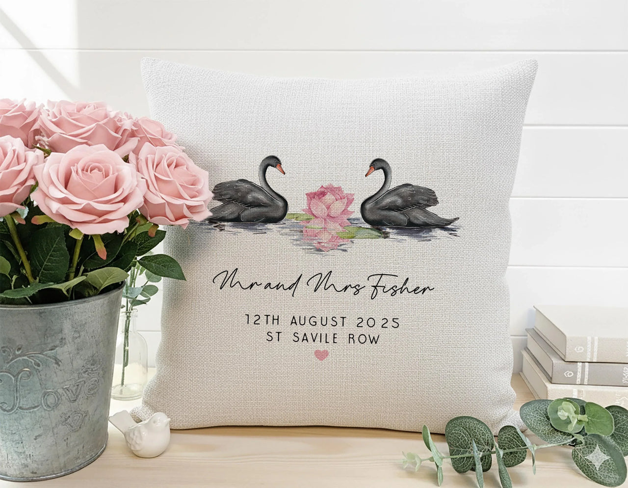 Personalised Wedding Cushion – Romantic Swan Motif Pillow | Custom Couple Gift DENMARY