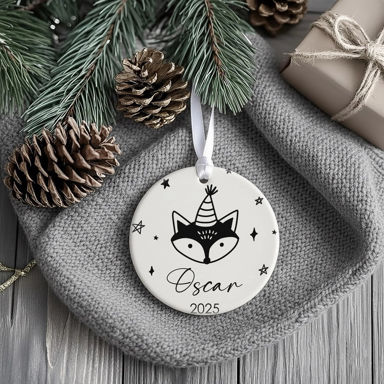 Fox Party Ornament - Playful Kids Keepsake with Stars & Name for Christmas Tree