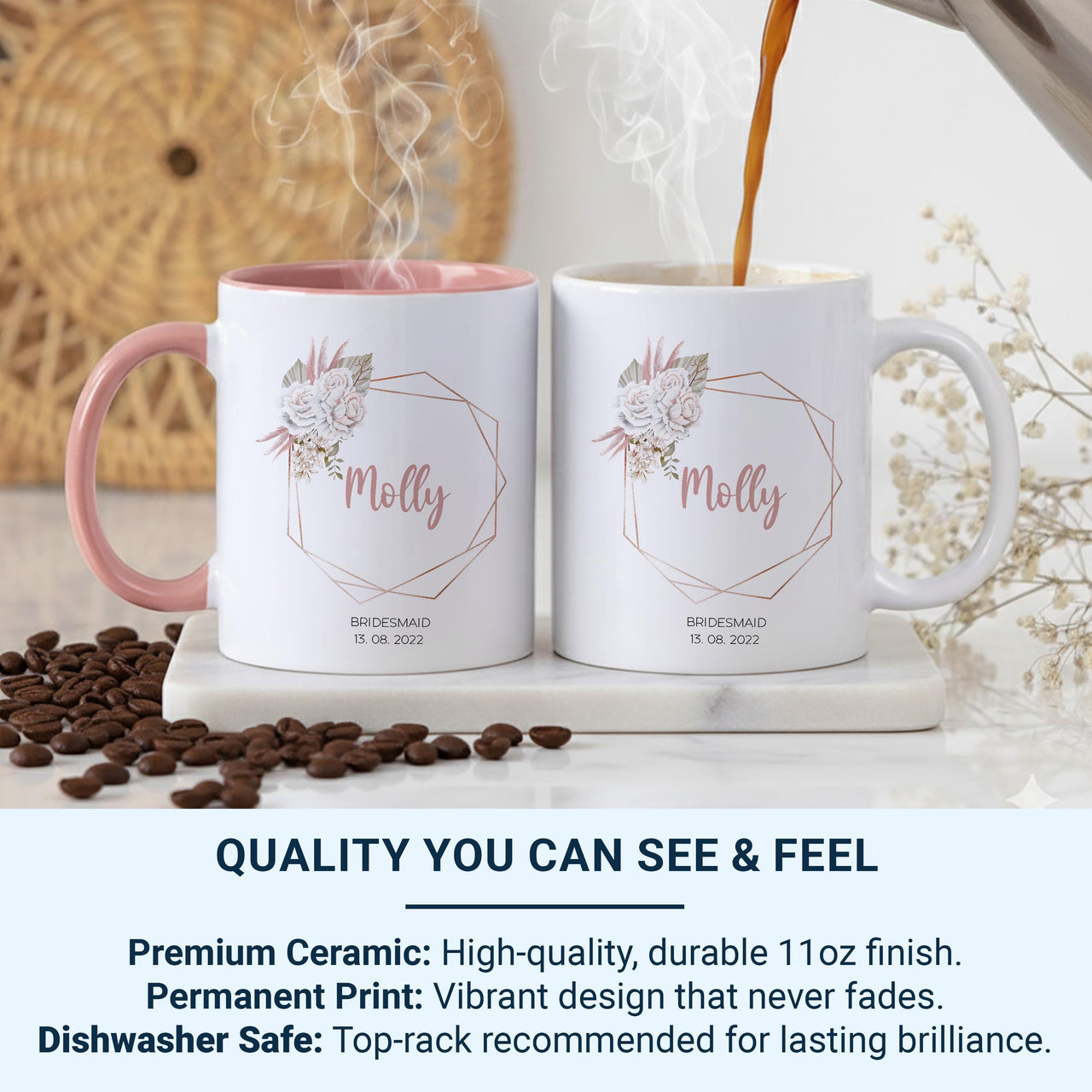 Bridesmaid Mug Personalised with Floral Frame, Custom Name and Date _ Wedding Thank You Keepsake