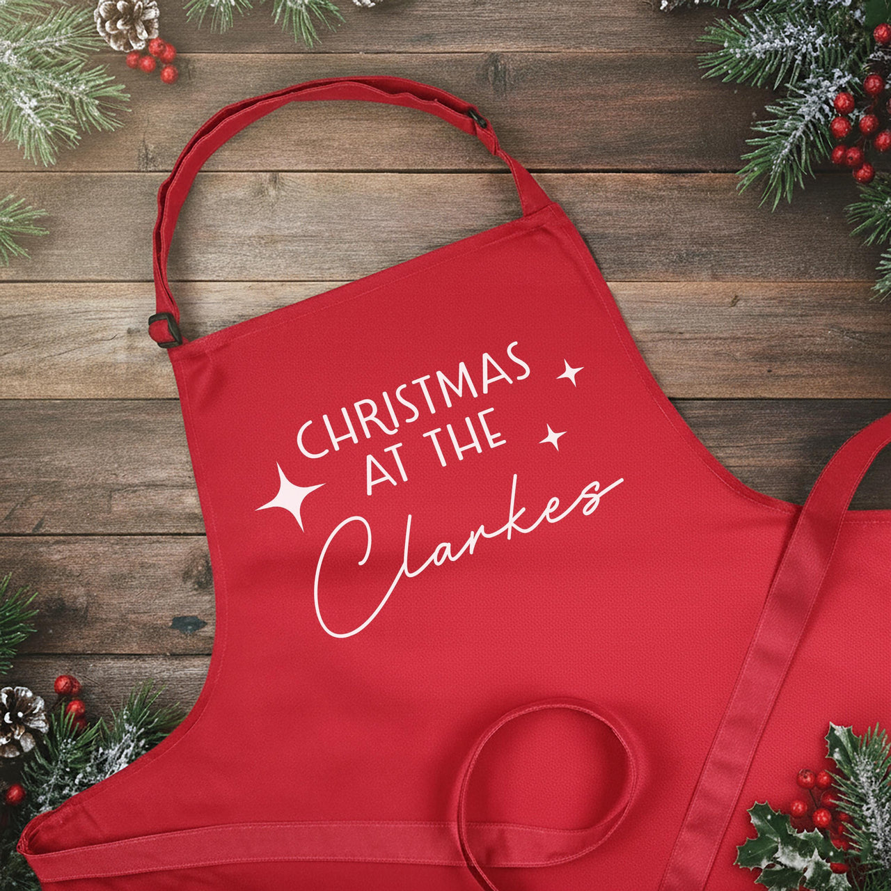 Personalised Christmas Apron – Custom Family Name | Adjustable Kitchen Apron Gift