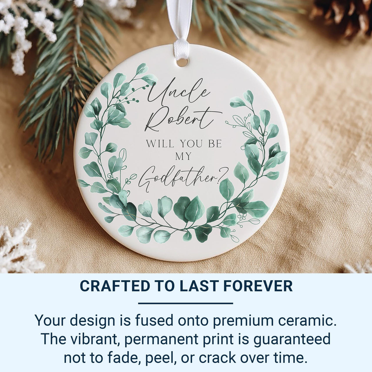 Godfather Proposal Ornament - Leafy Wreath Keepsake with Name & Question