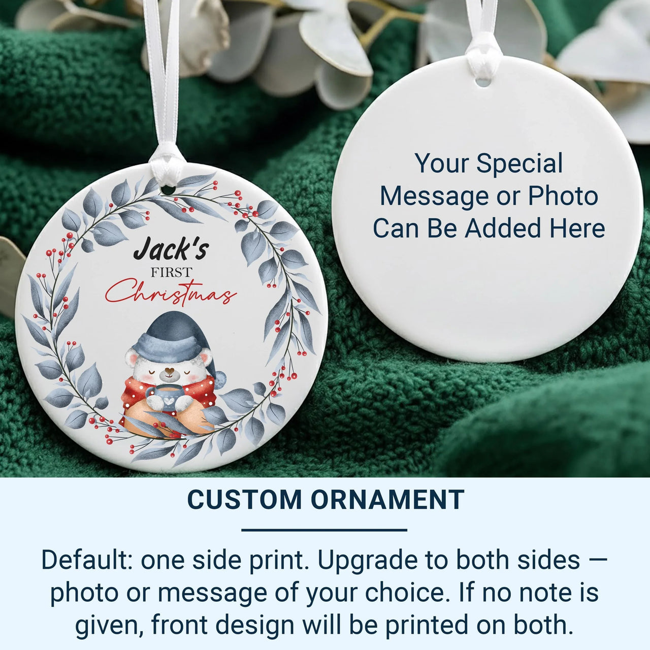 Bear Baby Ornament - First Christmas Keepsake with Winter Wreath & Name for Newborns
