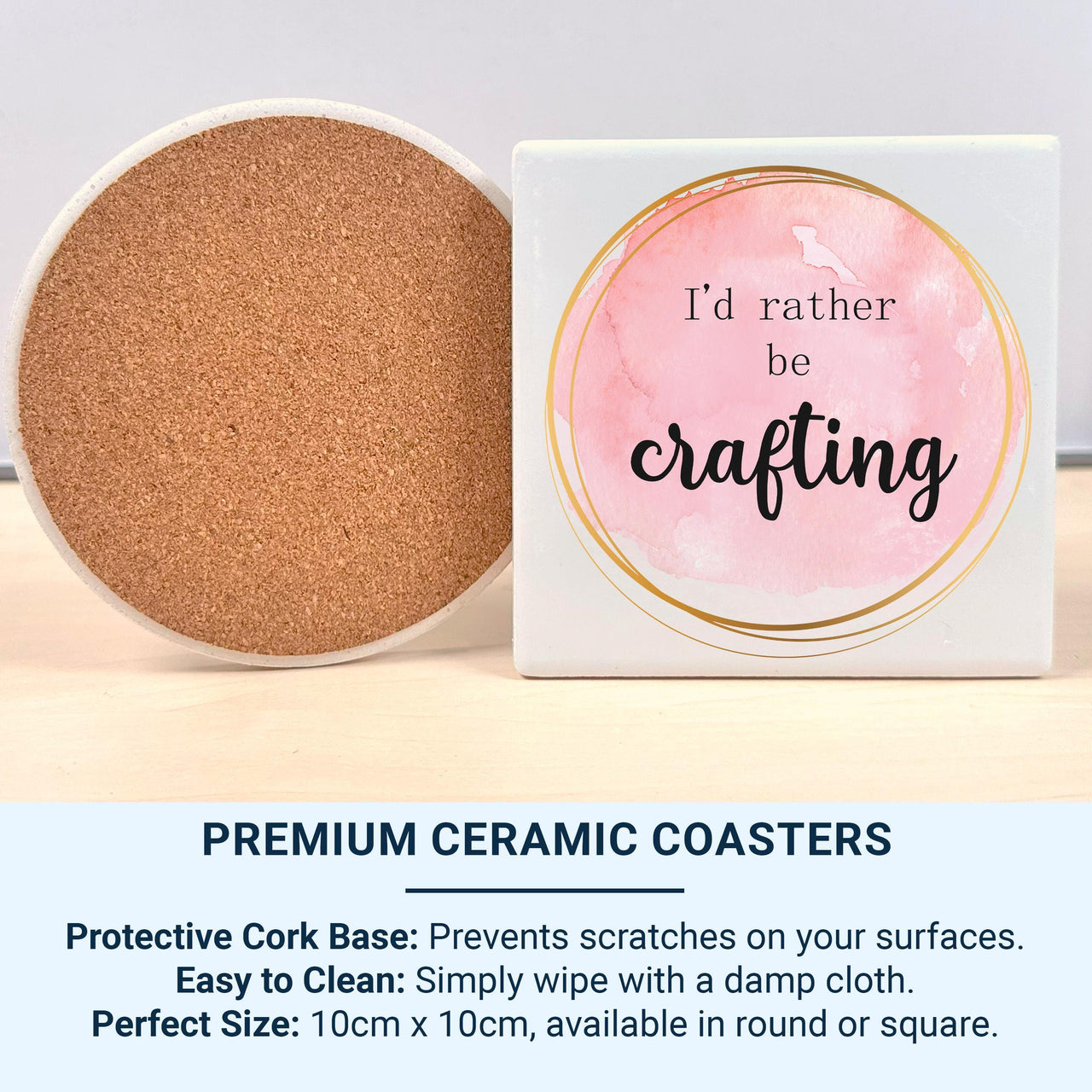 I’d Rather Be Crafting Mug – Pink Watercolour with Gold Border – Gift for Makers, Sewers and Knitters