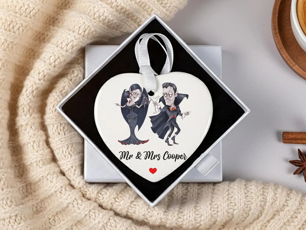 Vampire Couple Heart Ornament - Playful Mr & Mrs Keepsake with Names for Fun Love