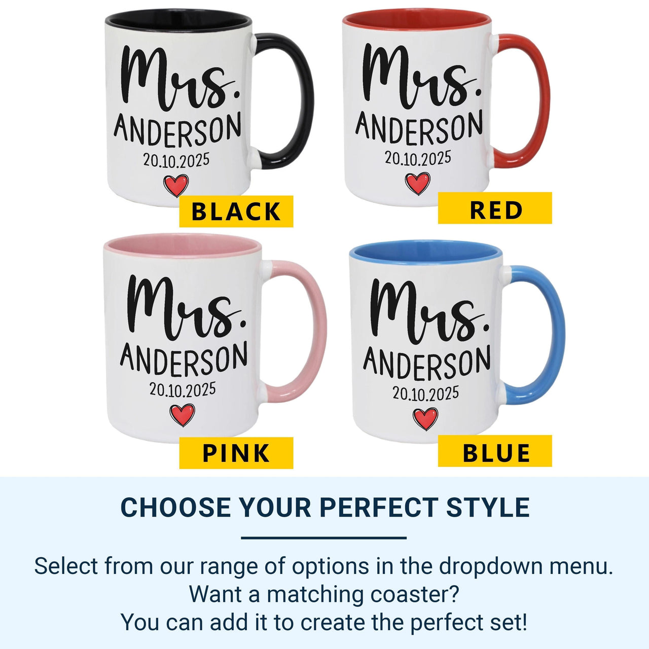 Mrs Mug Personalised with Surname and Wedding Date – Elegant Script with Red Heart – Bride Keepsake Gift