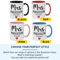 Mrs Mug Personalised with Surname and Wedding Date – Elegant Script with Red Heart – Bride Keepsake Gift