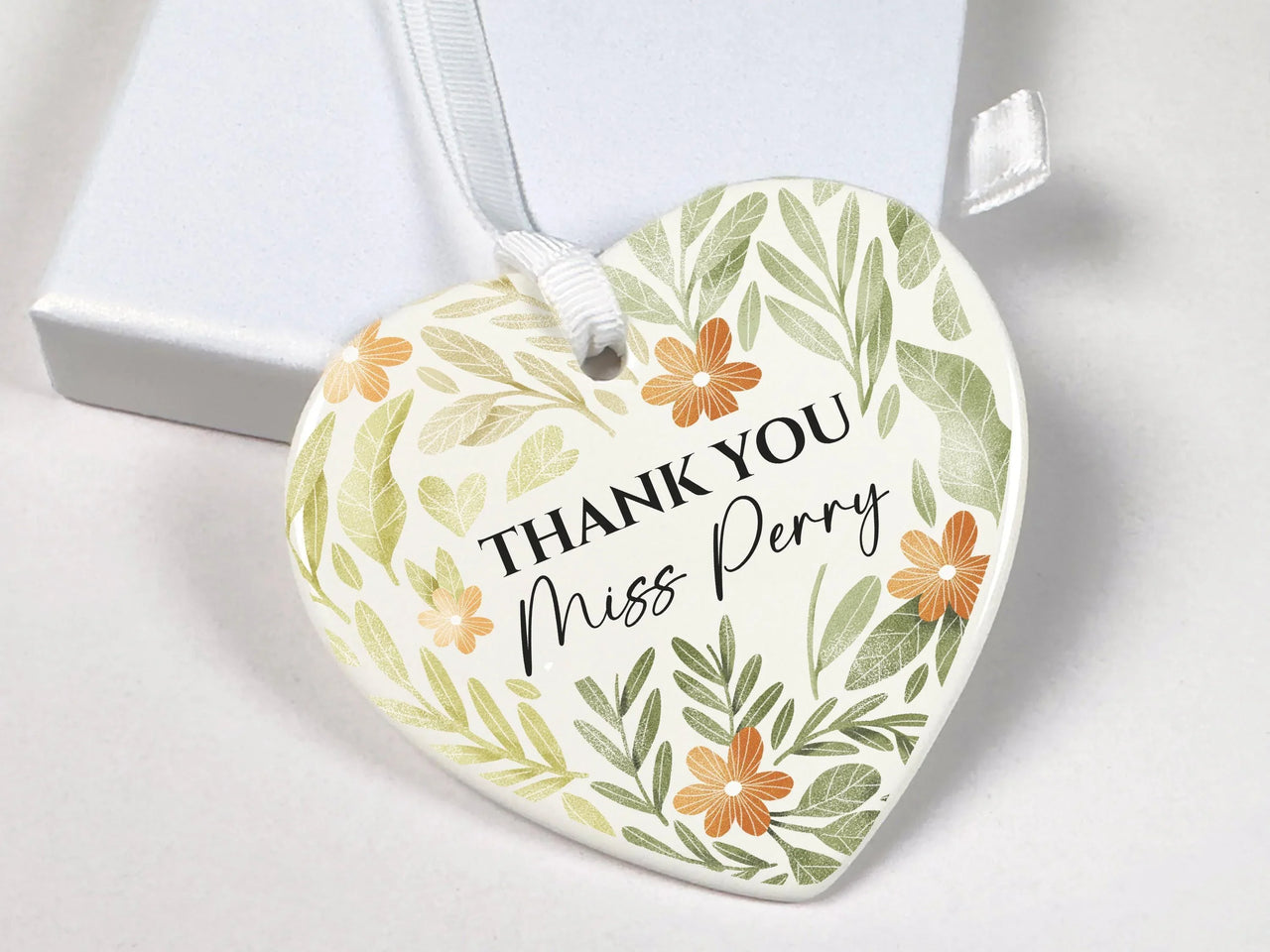 Teacher Heart Ornament - Green Floral Thank You Keepsake with Name DENMARY
