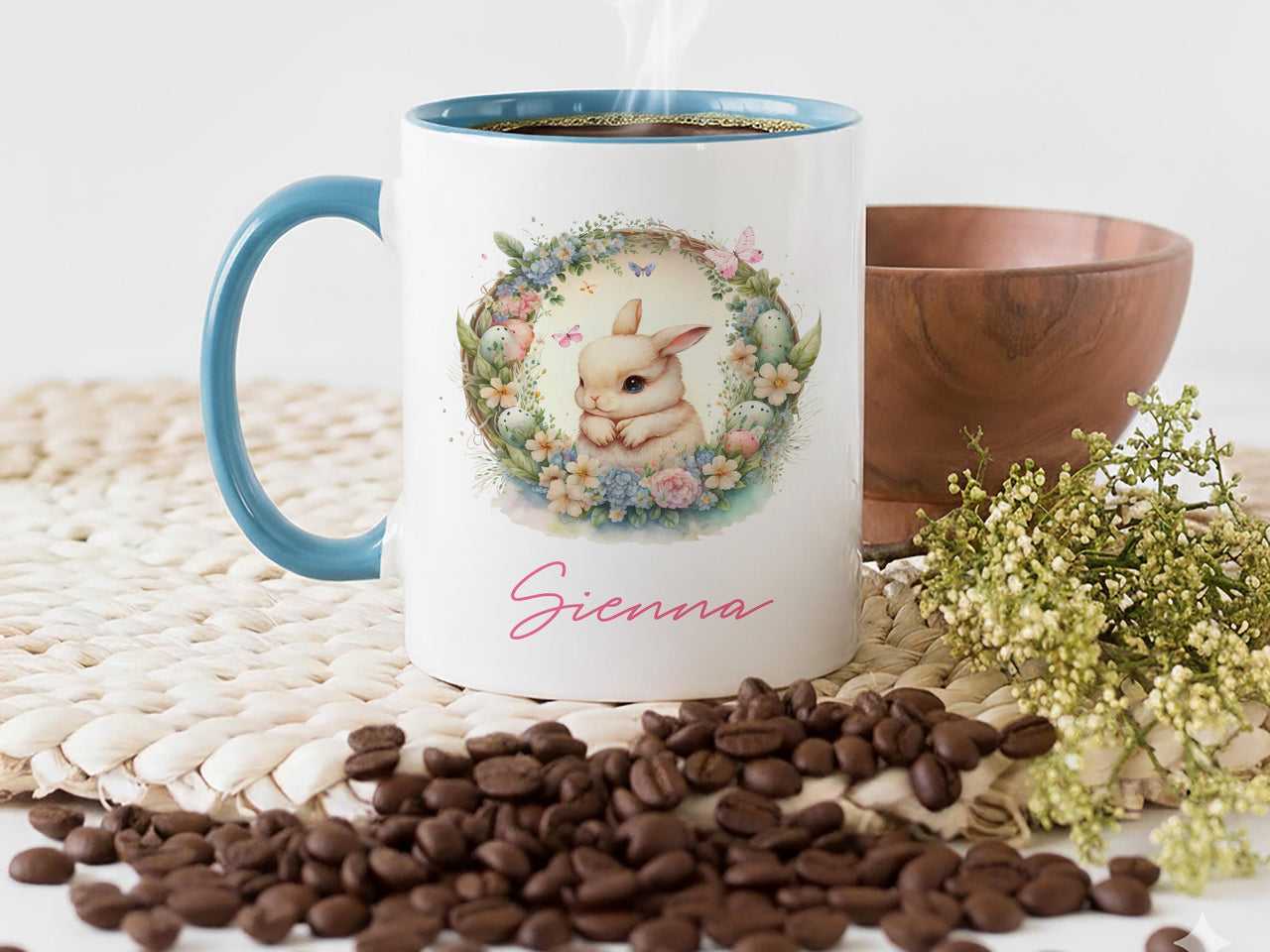 Personalised Easter Name Mug – Bunny with Floral Wreath, Eggs and Butterflies – Kids’ Spring Basket and Egg Hunt Gift