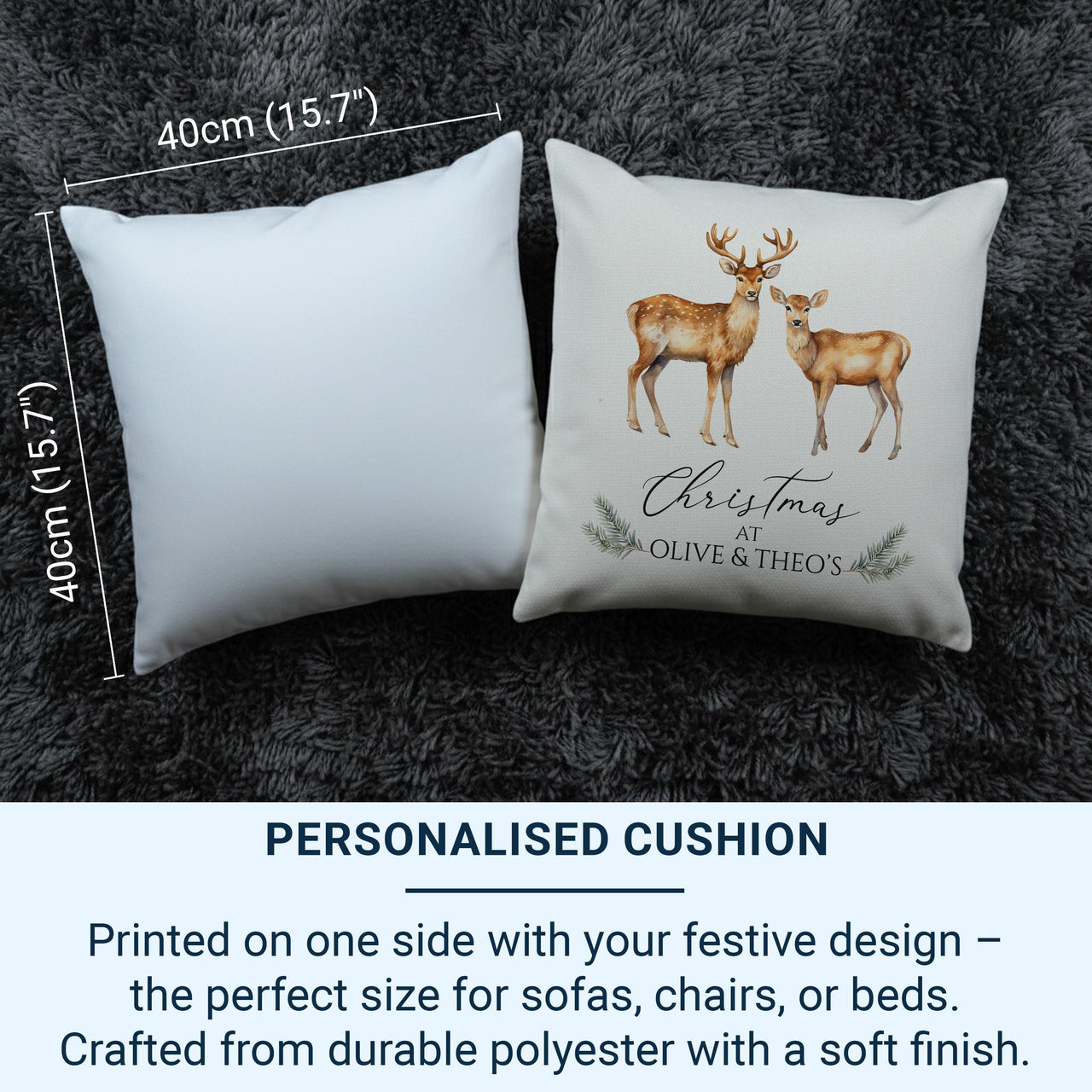Personalised Family Christmas Cushion - Watercolour Deer Design with Names