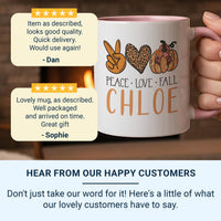 Peace Love Fall Personalised Name Mug – Boho Pumpkin, Peace Sign and Heart – Autumn Vibes Gift for Cosy Season Lovers