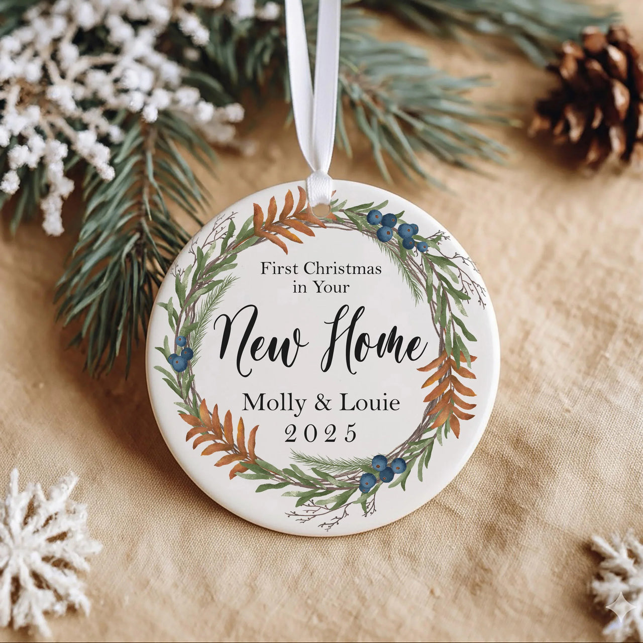 New Home Floral Ornament - First Christmas Keepsake with Wreath & Names for Couples