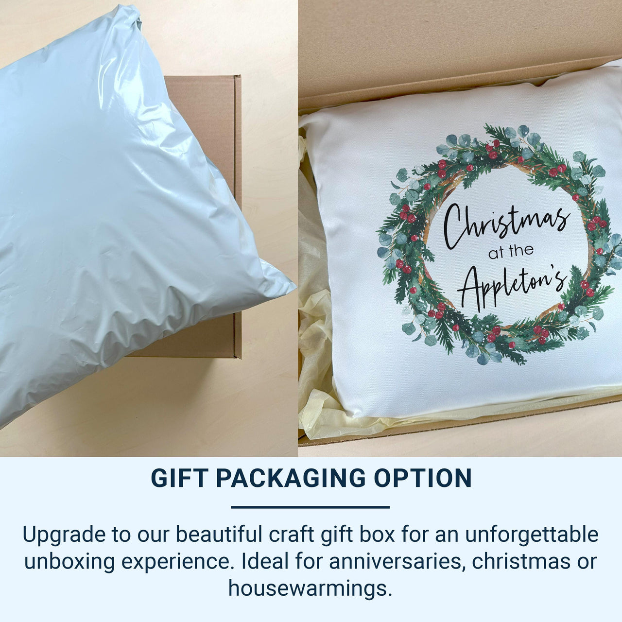 Personalised Christmas at The Family Cushion, Xmas Wreath Cushion Cover, Gift for Friend, Stocking Filler, Best Home Xmas Decoration