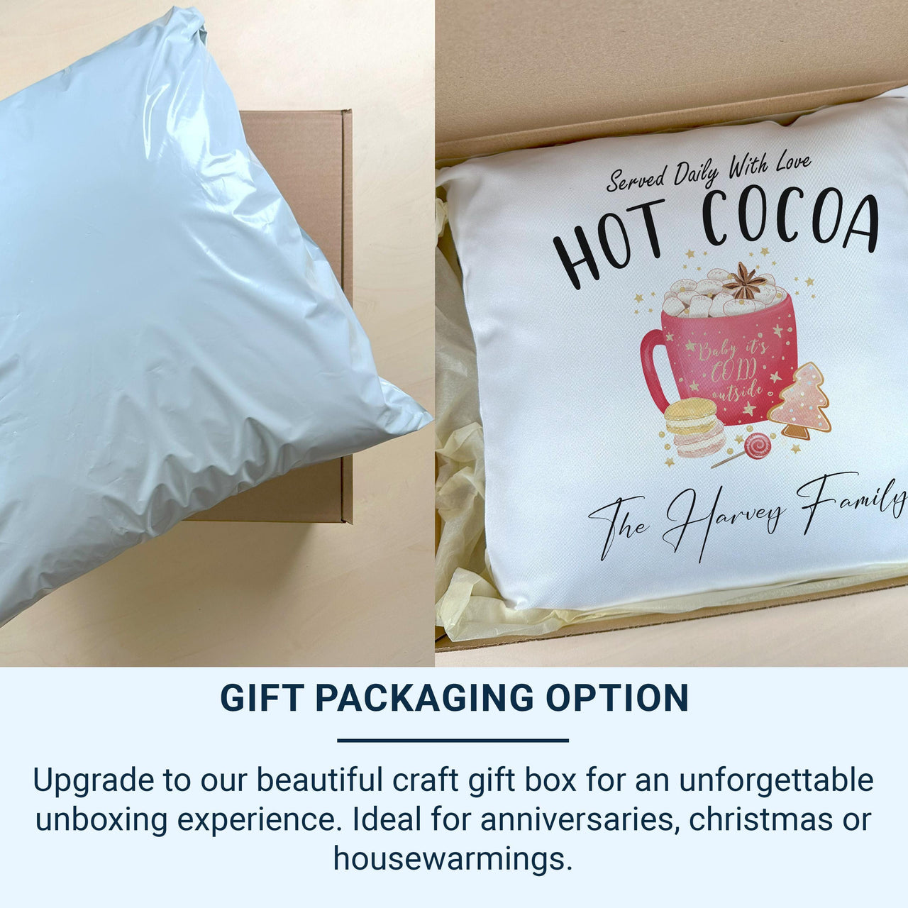 Personalised Hot Cocoa Cushion - Whimsical Christmas Keepsake with Family Name & Sweet Treats