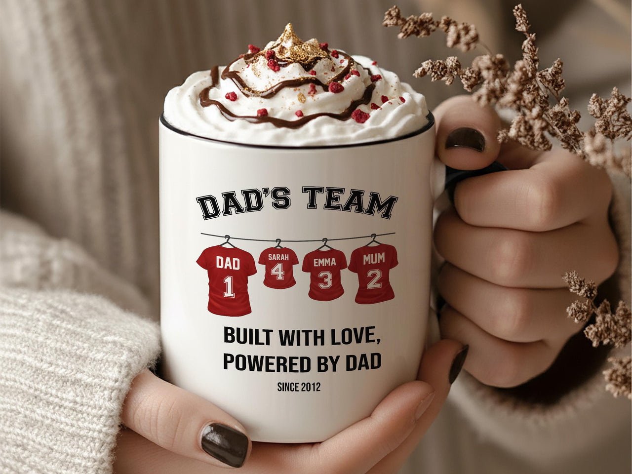 Dad’s Team Personalised Family Mug – Names, Numbers and “Built with Love” – Father’s Day, Birthday and Christmas Gift for Dad