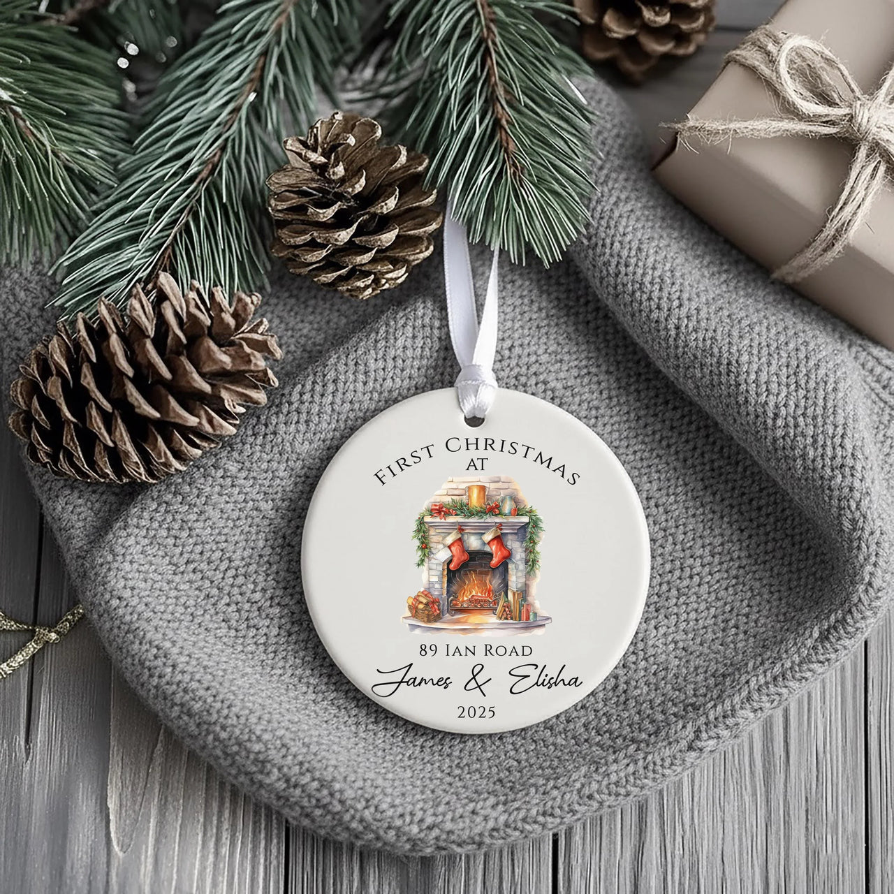 Personalised 2025 New Home Ceramic Ornament with Road Name - First Christmas Decoration, Home Owner Gift, Festive Fireplace Stocking Design