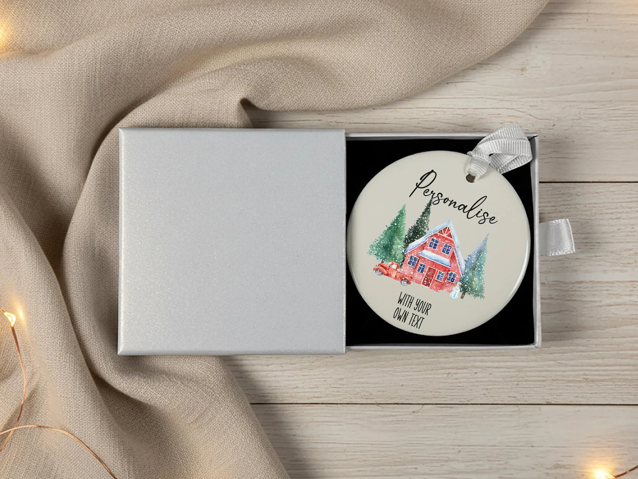 Customisable Ceramic Bauble Ornament - Personalised Text - Festive Xmas House Design - Perfect for a Unique Christmas Decoration