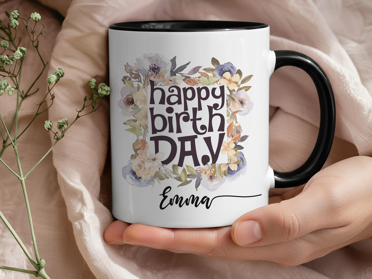 Happy Birthday Mug – Personalised Name with Watercolour Florals – Pretty Gift for Her
