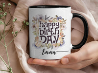Happy Birthday Mug – Personalised Name with Watercolour Florals – Pretty Gift for Her