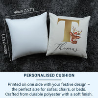 Personalised Christmas Cushion – Reindeer Design Cushion with Gold Initial Pillow