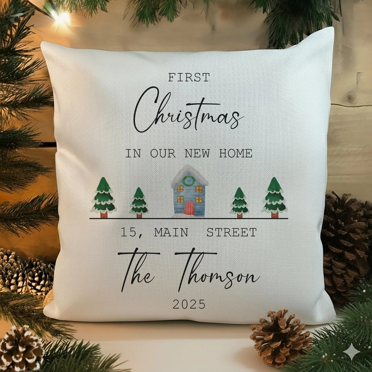 First Christmas Home Cushion – Personalised Family Name Pillow | New Home Keepsake