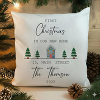 First Christmas Home Cushion – Personalised Family Name Pillow | New Home Keepsake