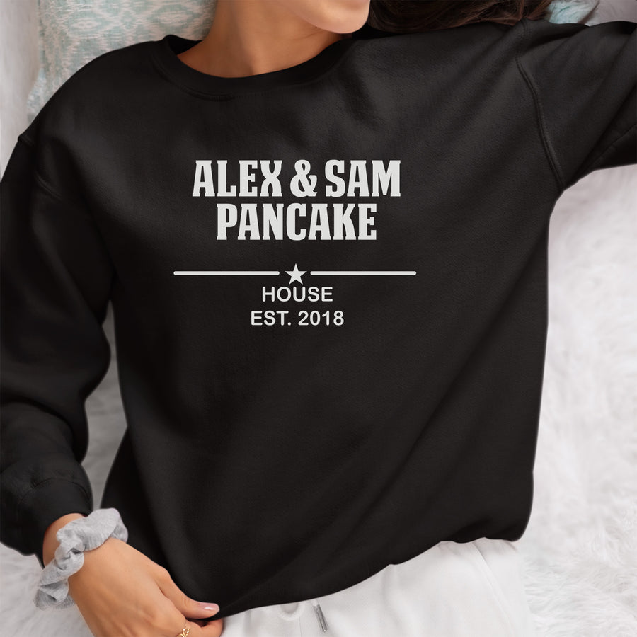 Family Pancake House Iron-On Transfer - Personalised Couple Names & Year Design - photo of the finished product