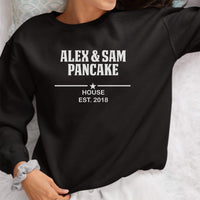 Family Pancake House Iron-On Transfer - Personalised Couple Names & Year Design shown on a sweatshirt