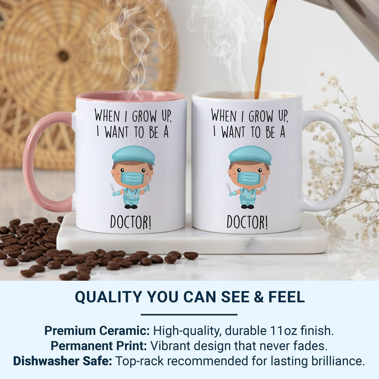 When I Grow Up I Want to Be a Doctor Mug – Kids Future Doctor Gift – Cute Scrubs Illustration for Big Dreams