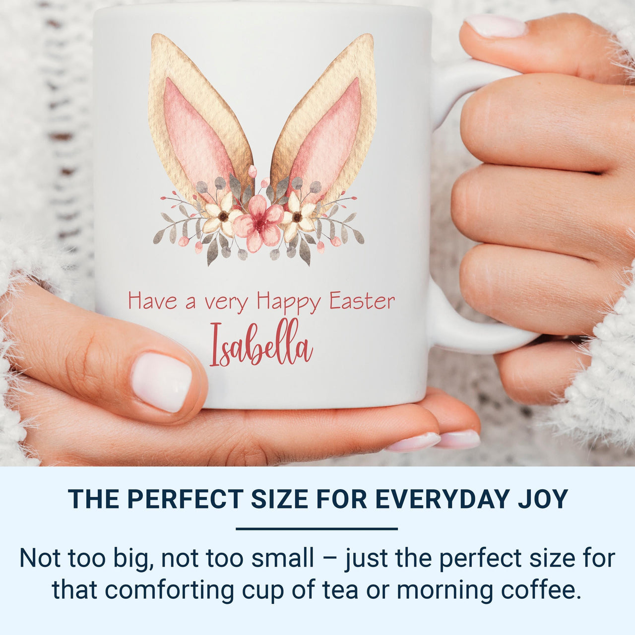 Have a Very Happy Easter Personalised Mug – Bunny Ears with Florals and Script Name – Kids’ Spring Basket and Cocoa Gift