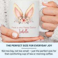 Have a Very Happy Easter Personalised Mug – Bunny Ears with Florals and Script Name – Kids’ Spring Basket and Cocoa Gift