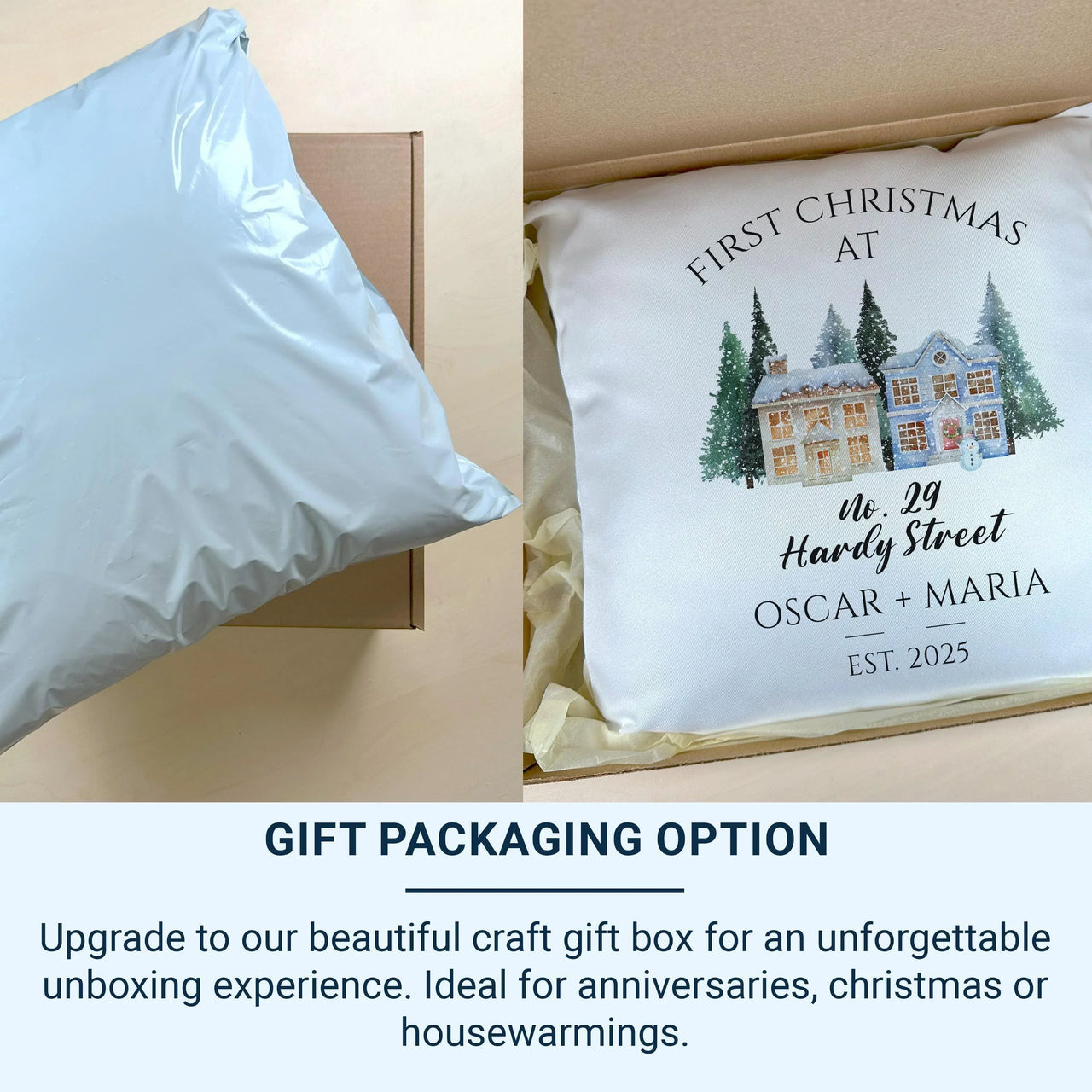 Personalised New Home Christmas Cushion - Winter Houses with Address & Names