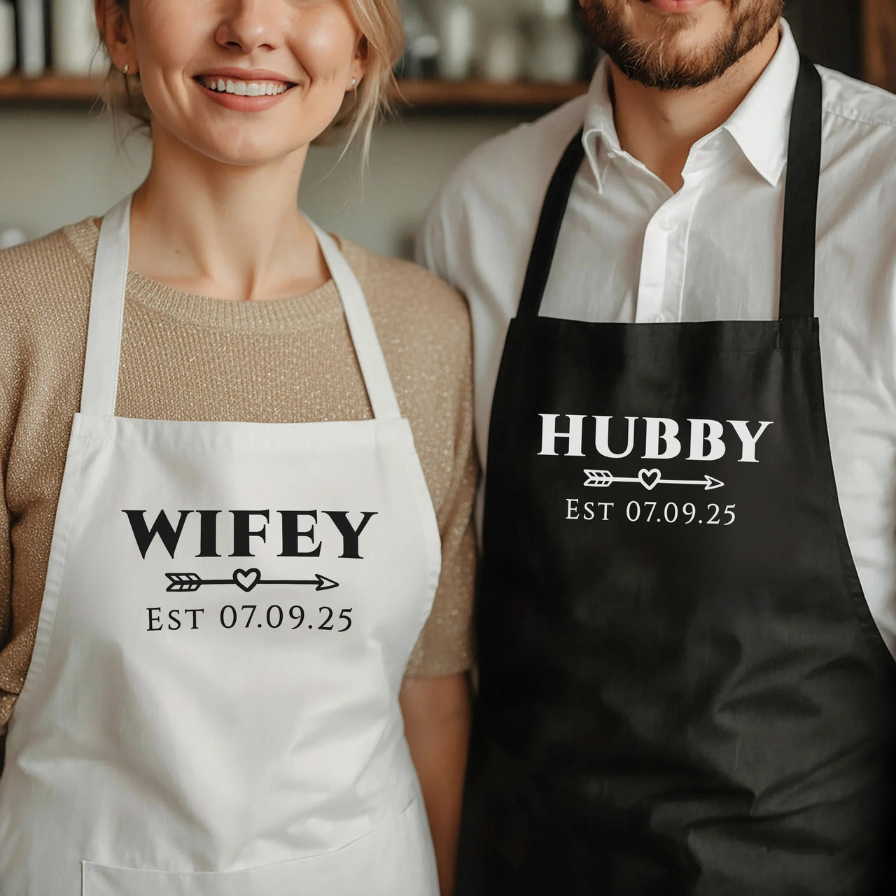 Personalised Couple Aprons – Matching Custom Name Aprons with Adjustable Fit