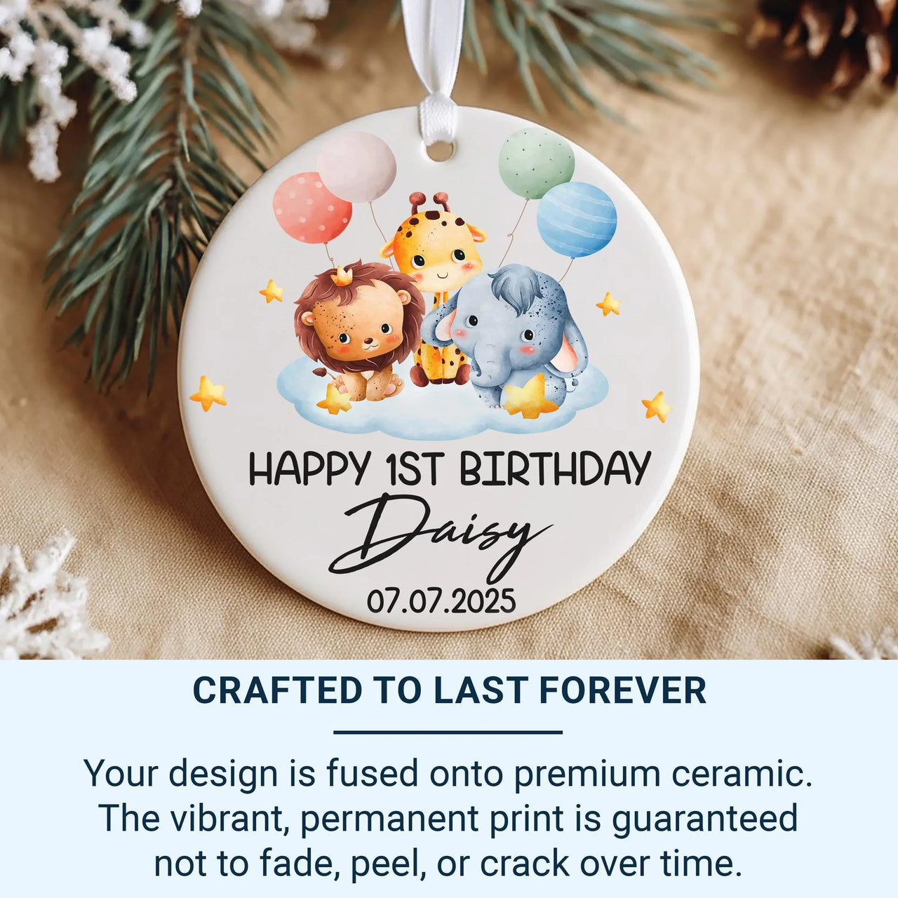 Baby First Birthday Ornament - Safari Animals Keepsake with Name & Date