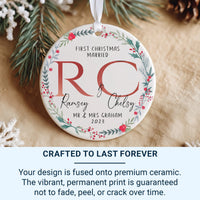 First Christmas Married Ornament 2025 - Floral Wreath with Initials & Surname