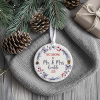 First Christmas As Mr and Mrs Personalised Ornament, Just Married Keepsake, Bauble Name, Custom Round Christmas Decoration, Gift for Couple