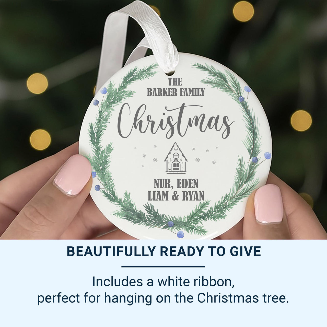 Family Christmas Ornament - Pine Wreath Keepsake with House for Family Tree